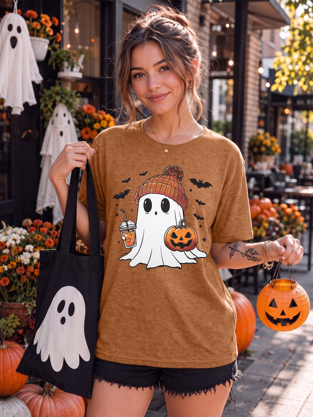 KimSoong Women Halloween T-Shirt Cute Ghost Fall Pumpkin Graphic Shirt Coffee Lover Tees Short Sleeve Tops