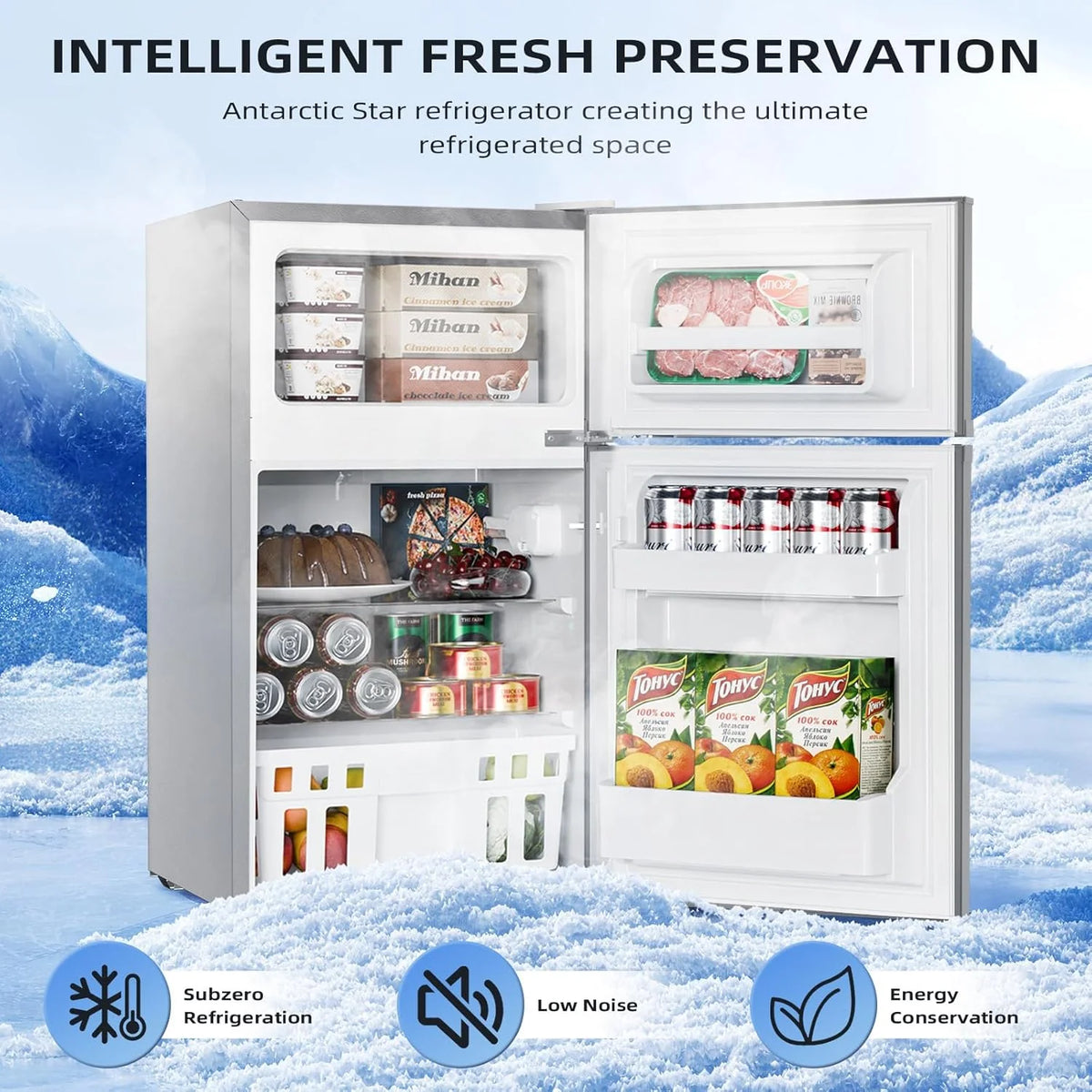 Antarctic Star Double Door Mini Refrigerator With Freezer, 3.2 Cu.Ft