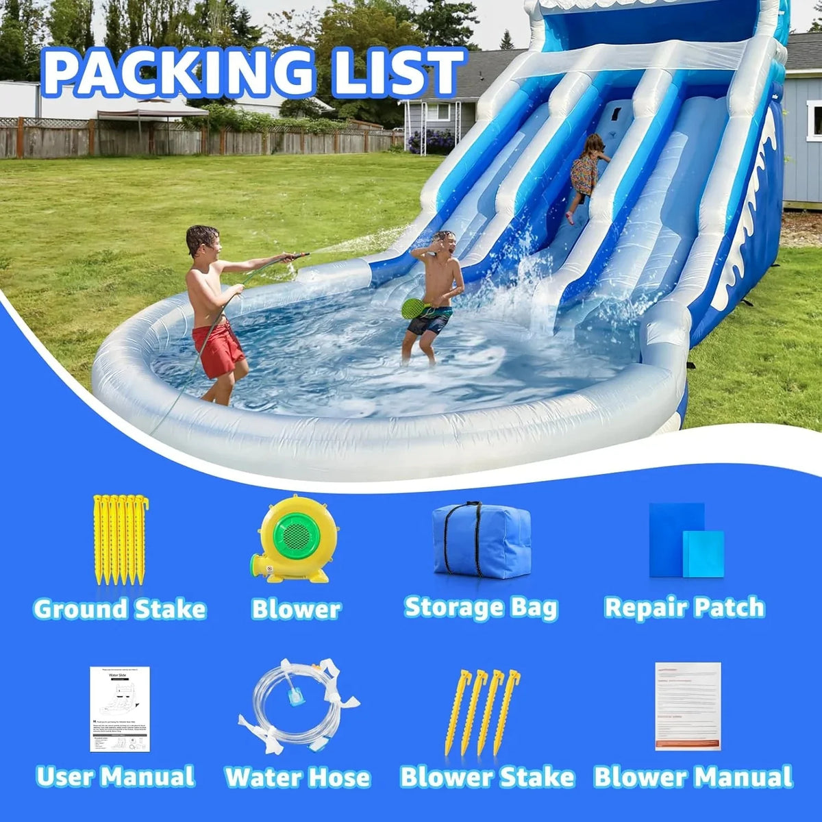 CHUNNIAN Inflatable Water Slide Bounce House 20.6x9.5x9.3 Ft Blue With Blower