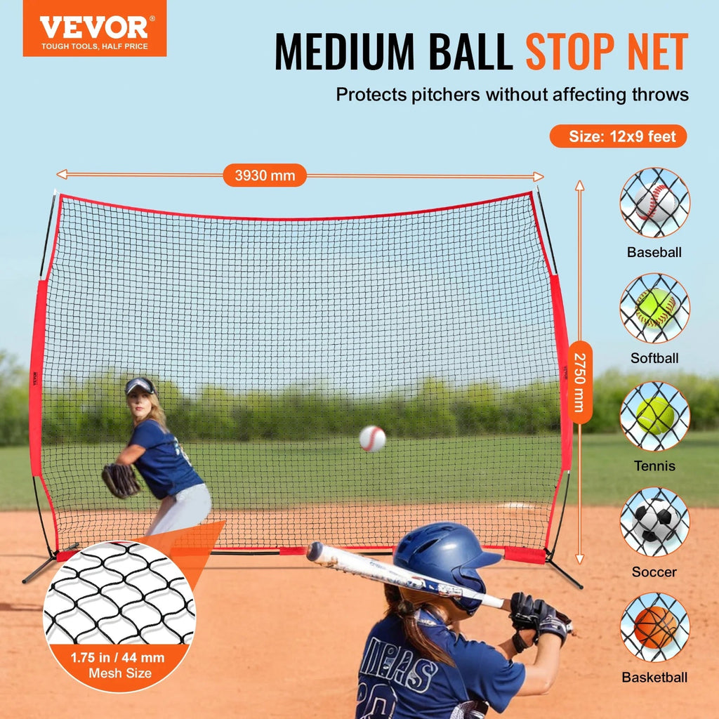 VEVOR Barricade Backstop Net, 12x9 ft Ball Sports Barrier Netting With Carry Bag - SSPDYBQ004