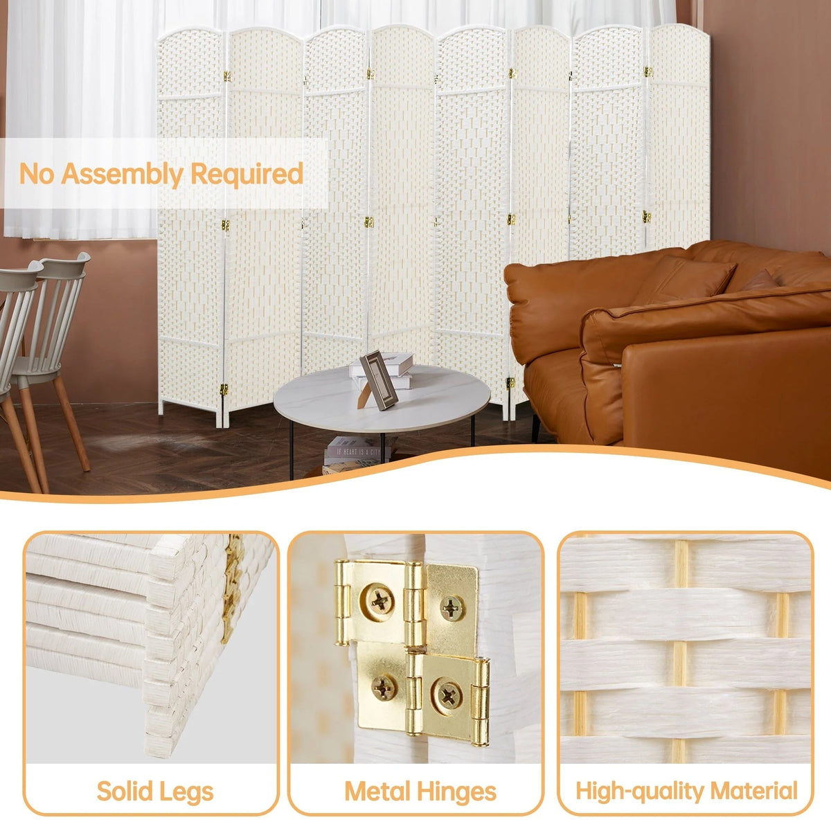 Freestanding Folding Woven Fiber Room Divider Privacy Screen - 6 Ft Tall