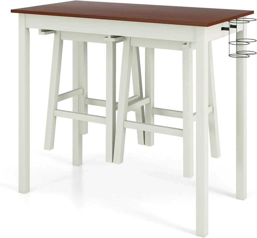 3-Piece Counter Height Bar Table Set With 2 Stools And 2 Wine Holders - Cream White & Walnut