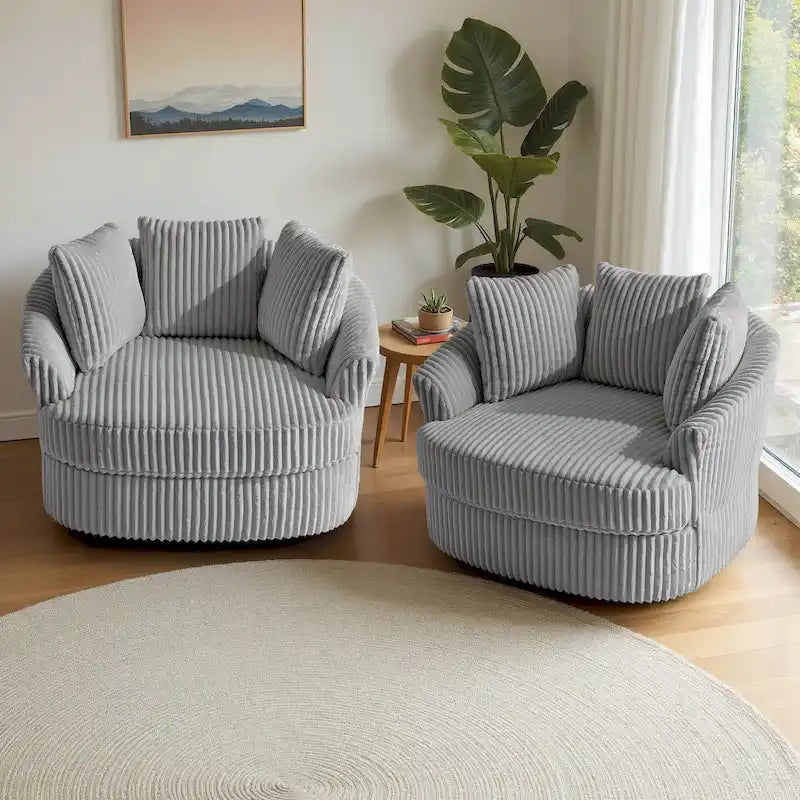 2-Piece Oversized 43 W Plush Corduroy Swivel Barrel Chairs With Pillows