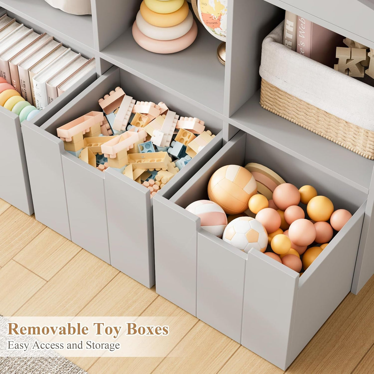 HITHOS Kids Bookshelf With Toy Storage Organizer, 55.3in H x 39.2in W, 3 Movable Storage Bins