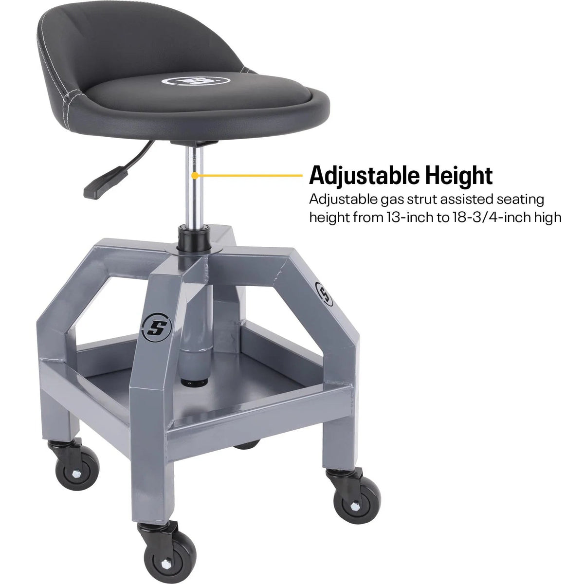 Speedway Motors Adjustable Rolling Shop Stool With Tool Tray, Leather Seat, 13-Inch To 18-3/4-Inch, 330 Pounds