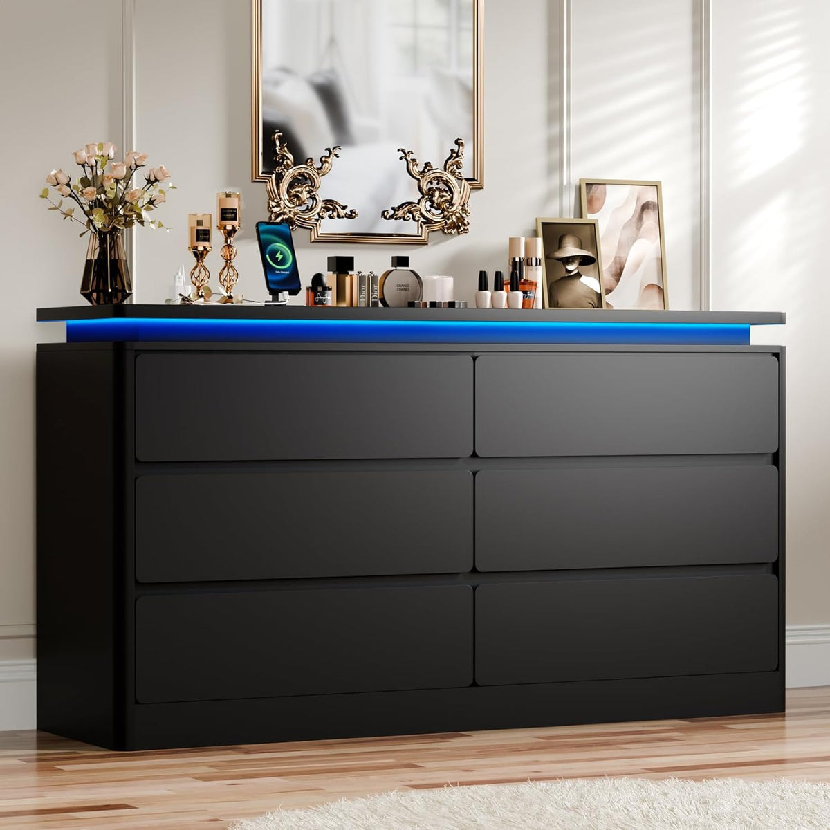 6-Drawer Black Wooden Dresser With Charging Station And LED Lights - 47.2 in