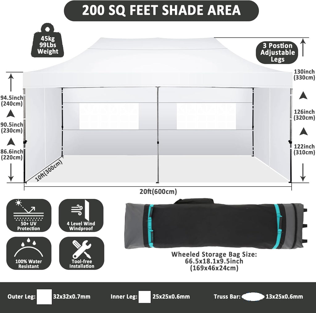 COBIZI Pop-Up Canopy 10 x 20 ft, White, 6 Sidewalls