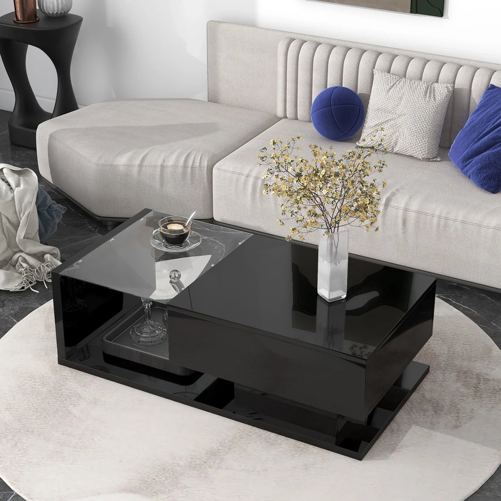 JQCX Modern Coffee Table With Tempered Glass, High-Gloss UV Surface And 2-Tier Storage