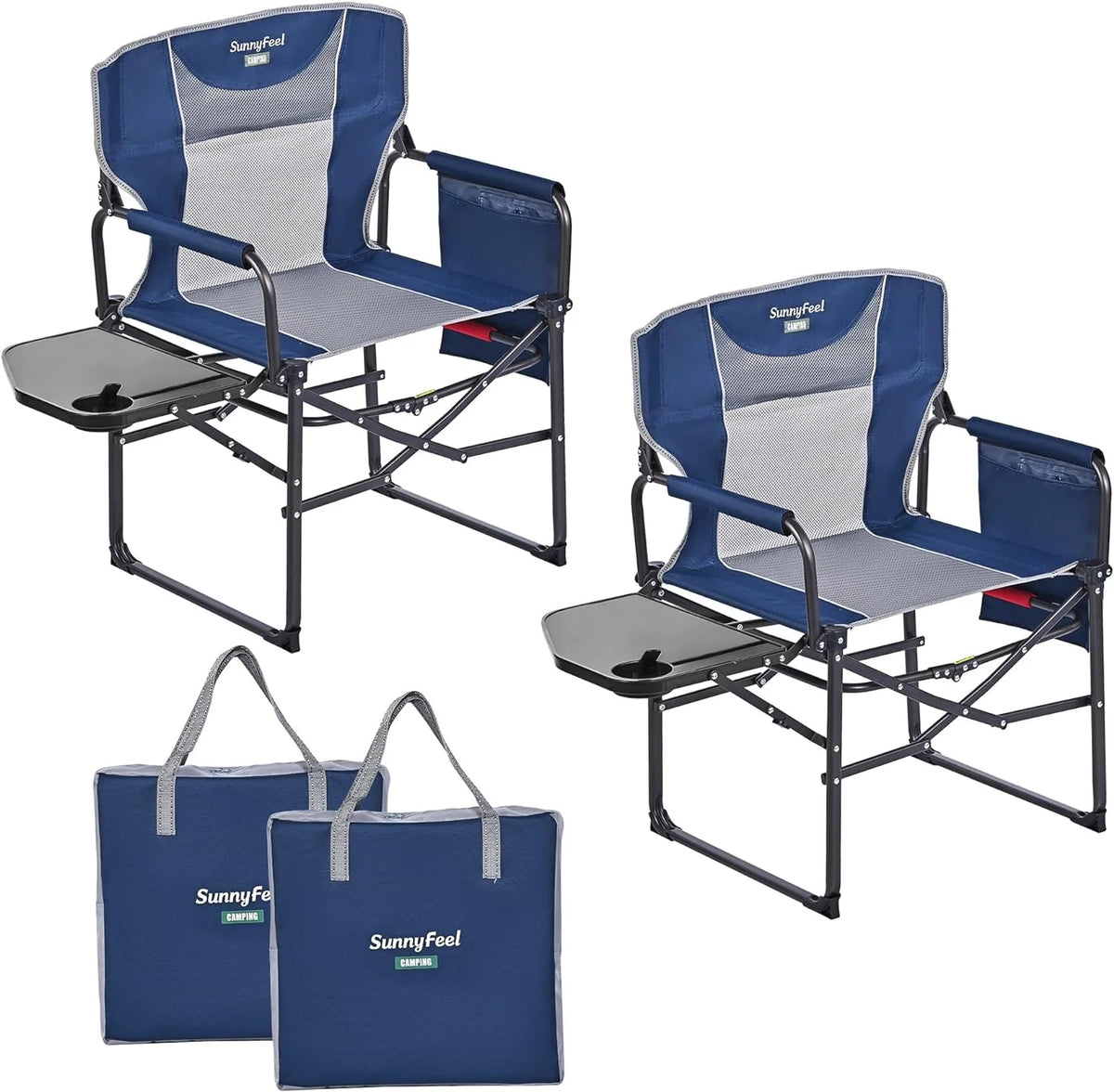 Folding Camping Chairs With Side Tables And Storage Bags - 2 Pcs