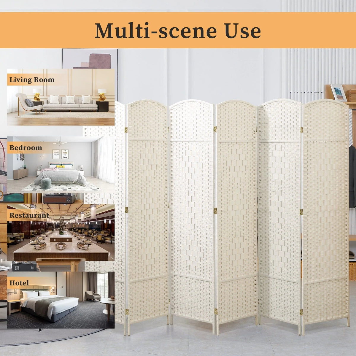Freestanding Folding Woven Fiber Room Divider Privacy Screen - 6 Ft Tall