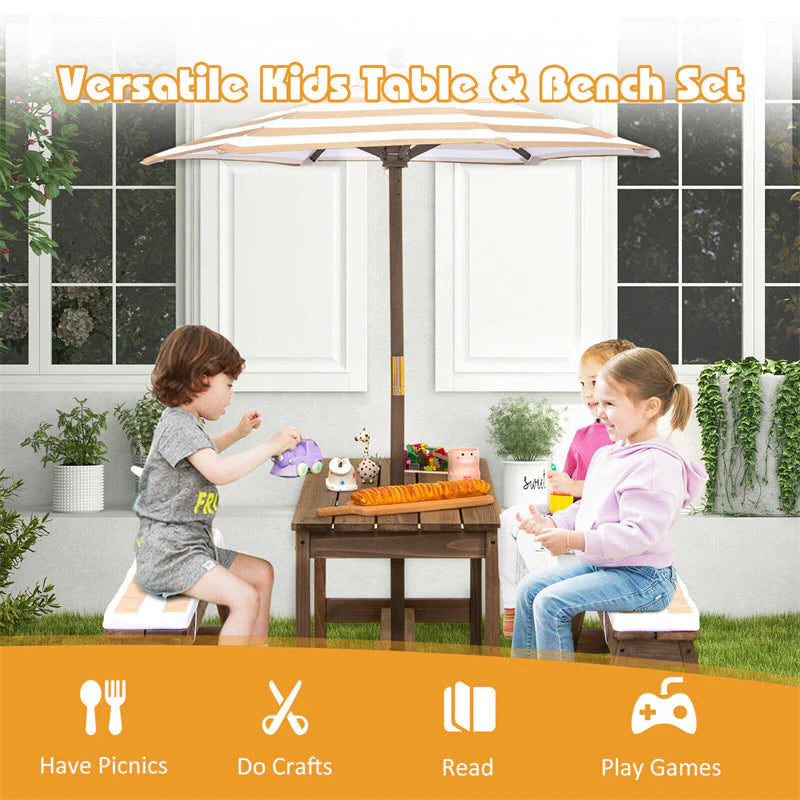 Wooden Kids Picnic Table Bench Set With Cushions And Height-Adjustable Umbrella - 35 in