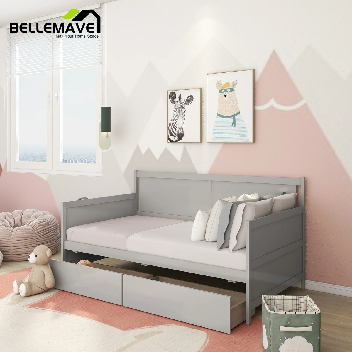 Bellemave Twin Wood Storage Daybed With 2 Drawers, Gray