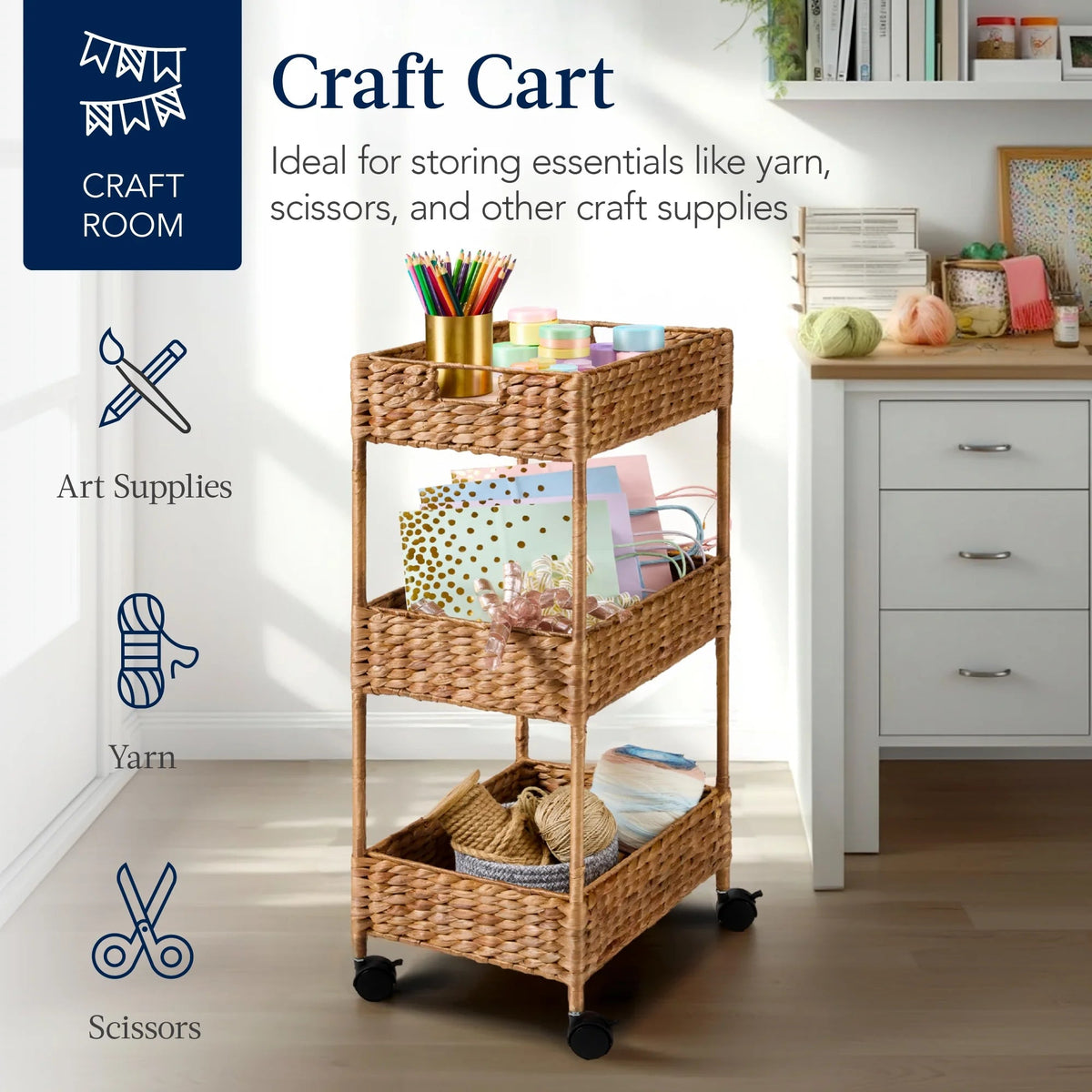 Best Choice Products 3-Tier Water Hyacinth Rolling Utility Cart, 15.5 x 11.5 x 30in