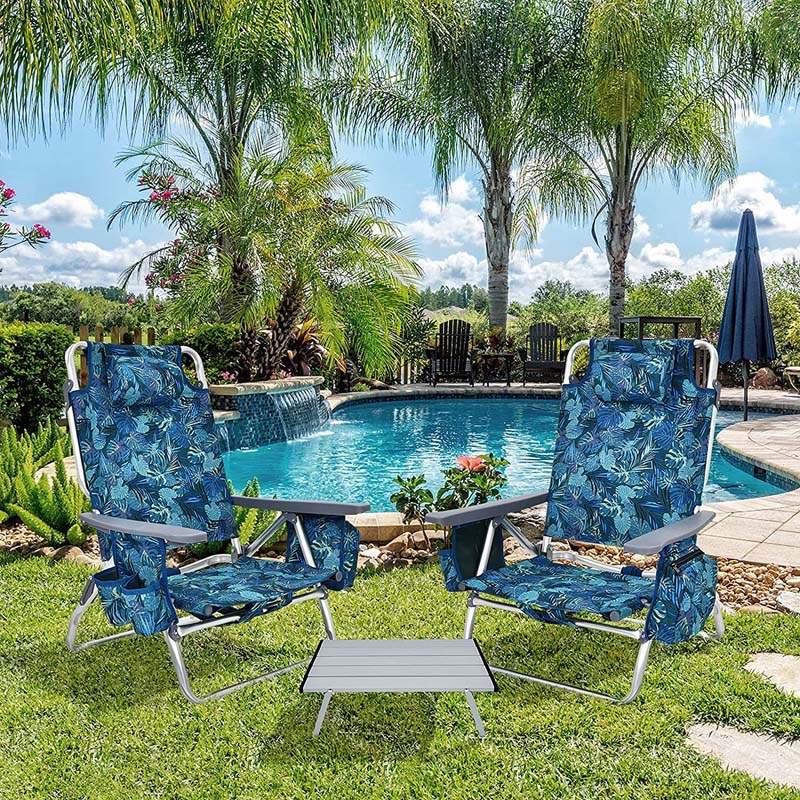 2-Pack 5-Position Outdoor Folding Backpack Beach Chairs With Side Table Set