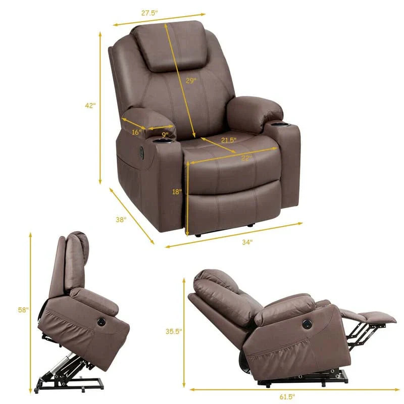 Electric Power Lift Recliner Chair With Leather Massage, Lumbar Heating, 8 Vibrating Nodes, Cup Holders And USB Port
