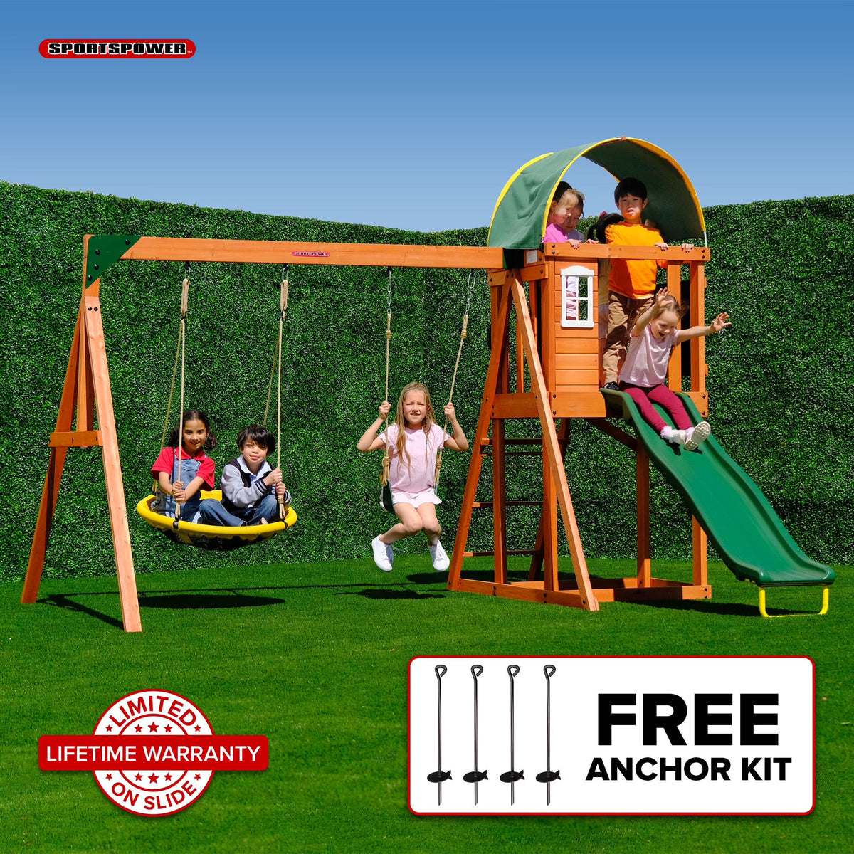 Sportspower Amelia Wooden Swing Set With 2-Person Saucer Swing And 6' Slide