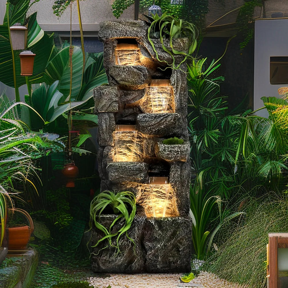 Outdoor Garden Water Fountain, 4 Tiers, 55.5 in High, Glass Fiber Reinforced Concrete