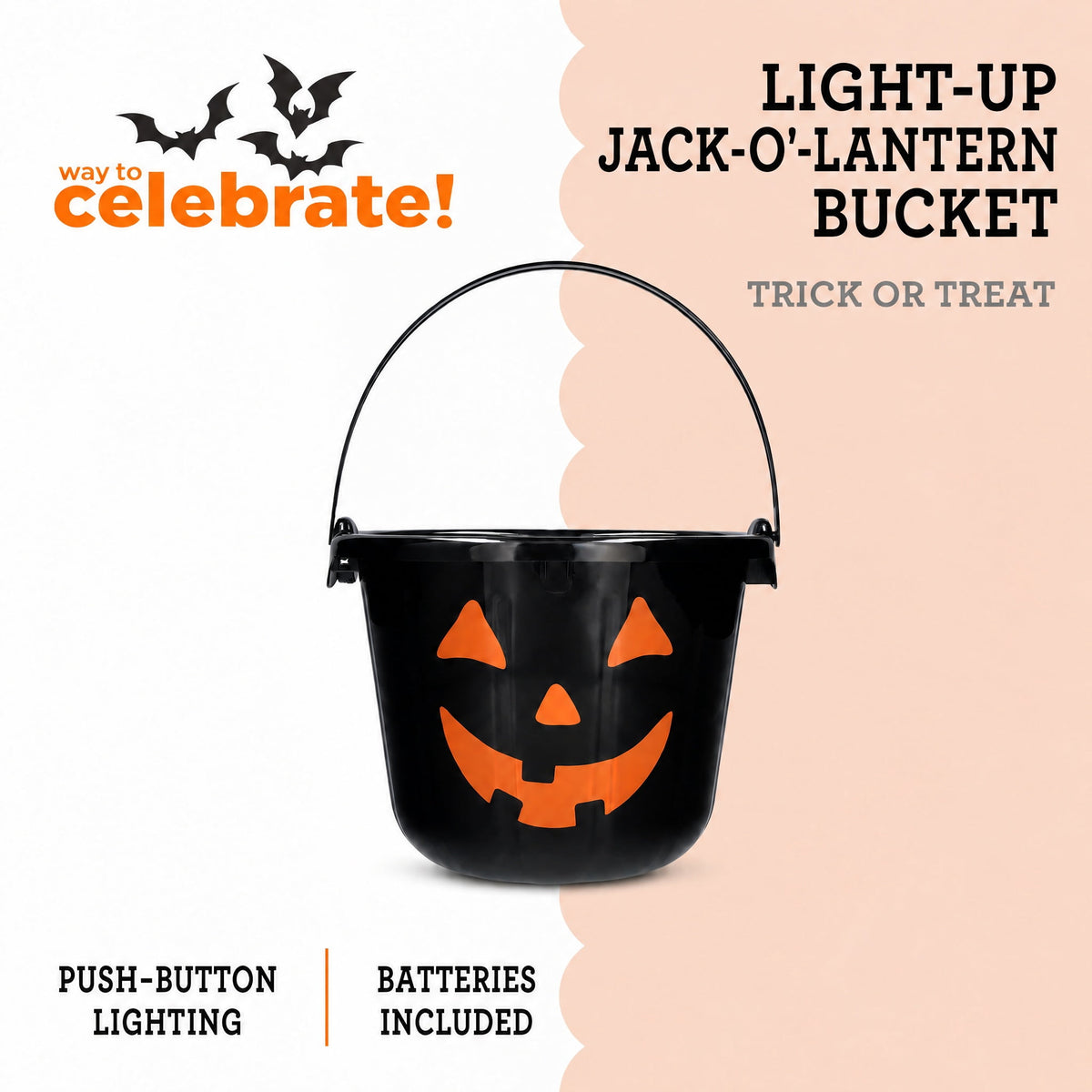 Light-Up Jack-o'-Lantern Trick-or-Treat Bucket, Black, 6.5", Halloween by Way To Celebrate