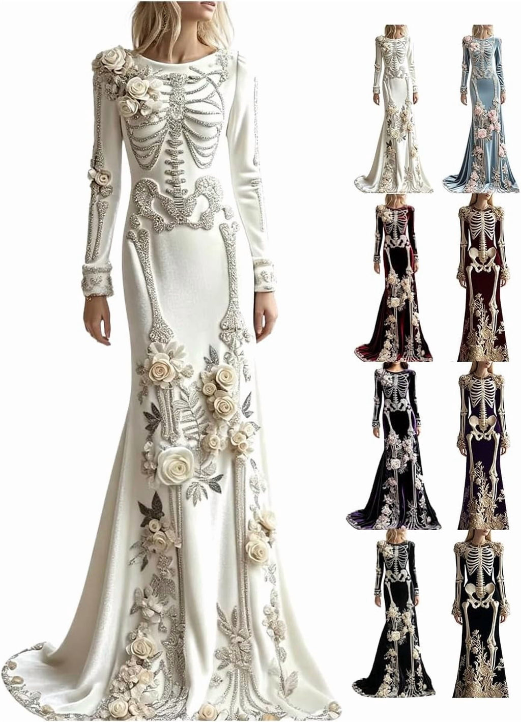 Women Skeleton Dress 3D Print Velvet Floral Long Sleeve Halloween Costumes, Skeleton Costume for Women Cosplay Party
