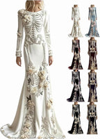Women Skeleton Dress 3D Print Velvet Floral Long Sleeve Halloween Costumes, Skeleton Costume for Women Cosplay Party