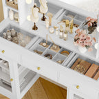 Makeup Vanity Desk With Mirror, LED Lights, Glass Top, 3 Drawers And 2 RGB Glass Cabinets, White
