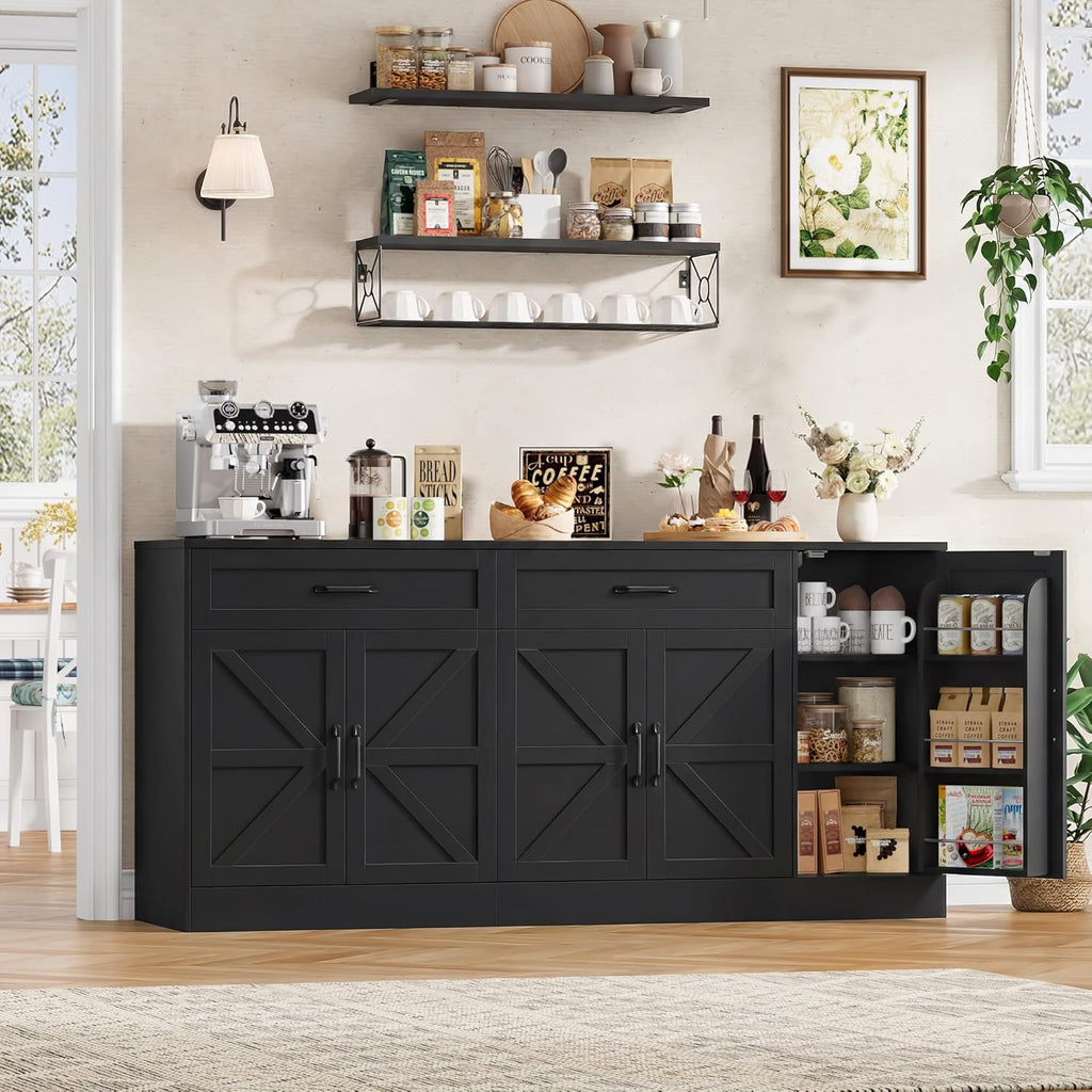 71 Inch Farmhouse Sideboard Buffet Cabinet With Adjustable Shelves And 2 Drawers - Black