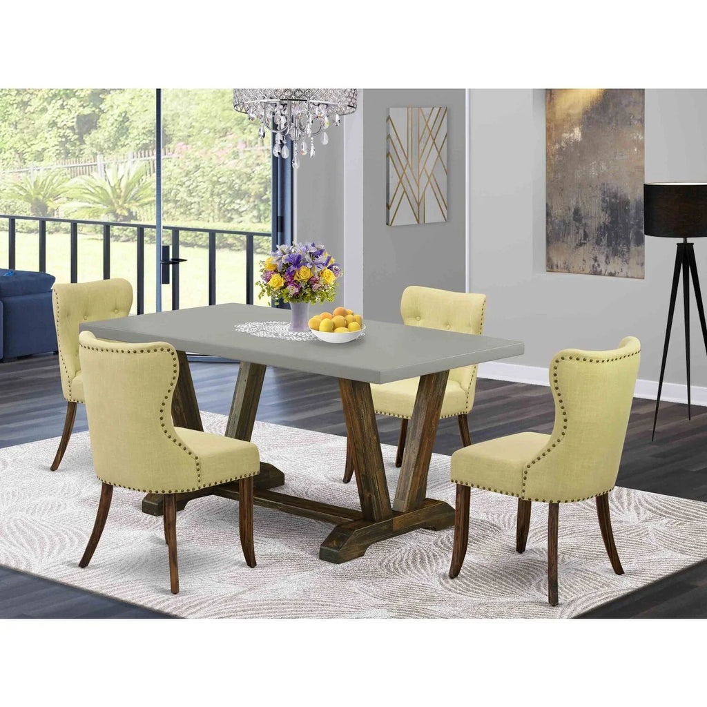 HomeStock 5-Piece Dinette Set, Cement Table, Limelight Linen Chairs, Distressed Jacobean Legs - Baroque Bonanza