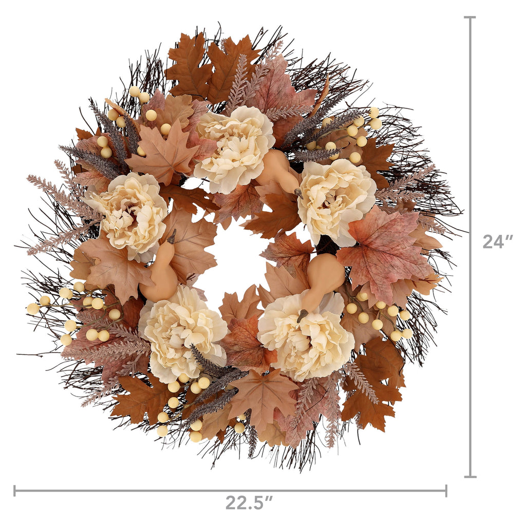 Maple Leaves and Peony Wreath, Cream and Brown, 22", Fall by Way To Celebrate