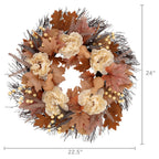 Maple Leaves and Peony Wreath, Cream and Brown, 22", Fall by Way To Celebrate