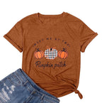 KimSoong Women Halloween Shirt Plaid Pumpkins Graphic Crew Neck Short Sleeve T-Shirts Tops