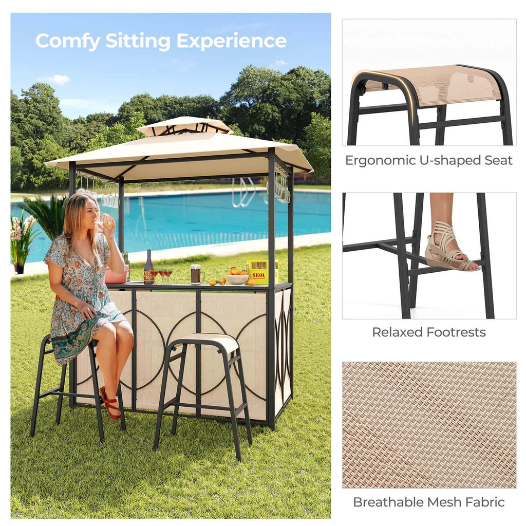 Costway 3-Piece Grill Gazebo Bar Set With 2 Bar Stools And Tempered Glass Top - Grey