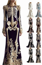 Women Skeleton Dress 3D Print Velvet Floral Long Sleeve Halloween Costumes, Skeleton Costume for Women Cosplay Party
