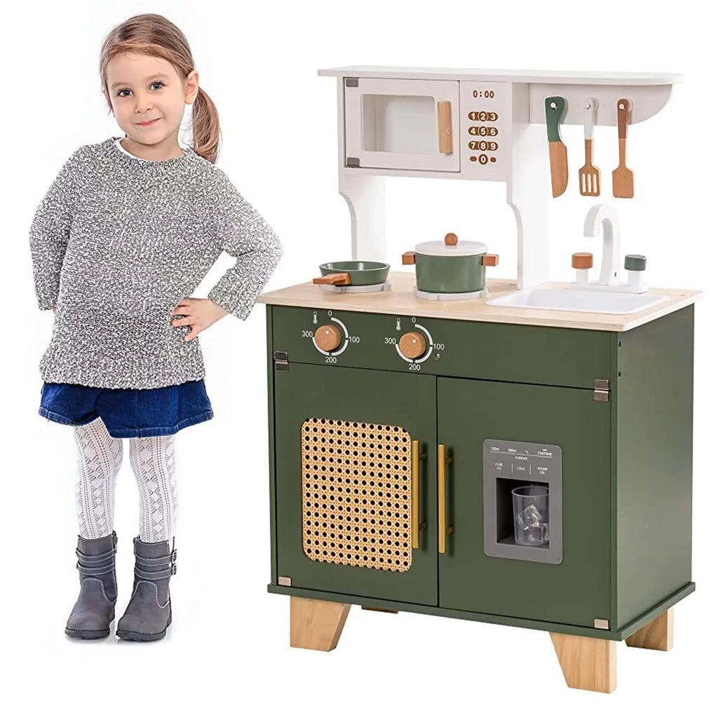 Robud Wooden Kids Kitchen Play Set With Ice Maker, Vintage Green, Ages 3+ - 21.65 x 11.65 x 31.5 in