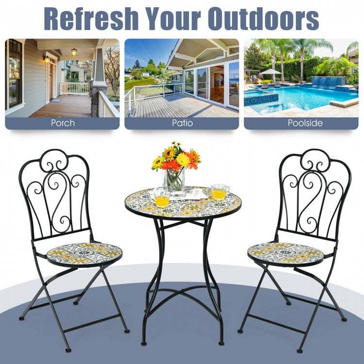 2-Piece Mosaic Folding Bistro Chairs With Ceramic Tile Seats - Black