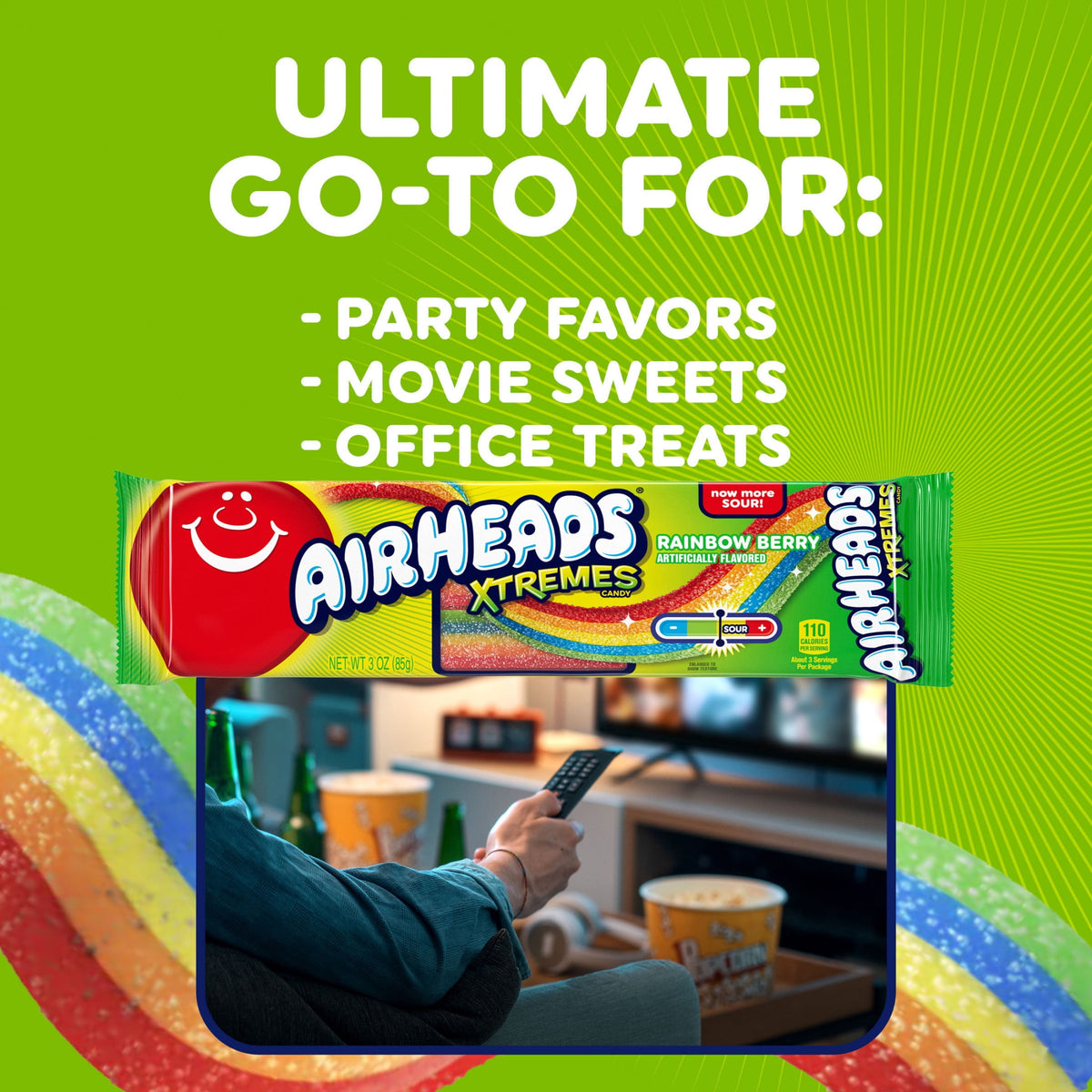 Airheads Xtremes Belts Sweetly Sour Candy, Rainbow Berry, 3 oz