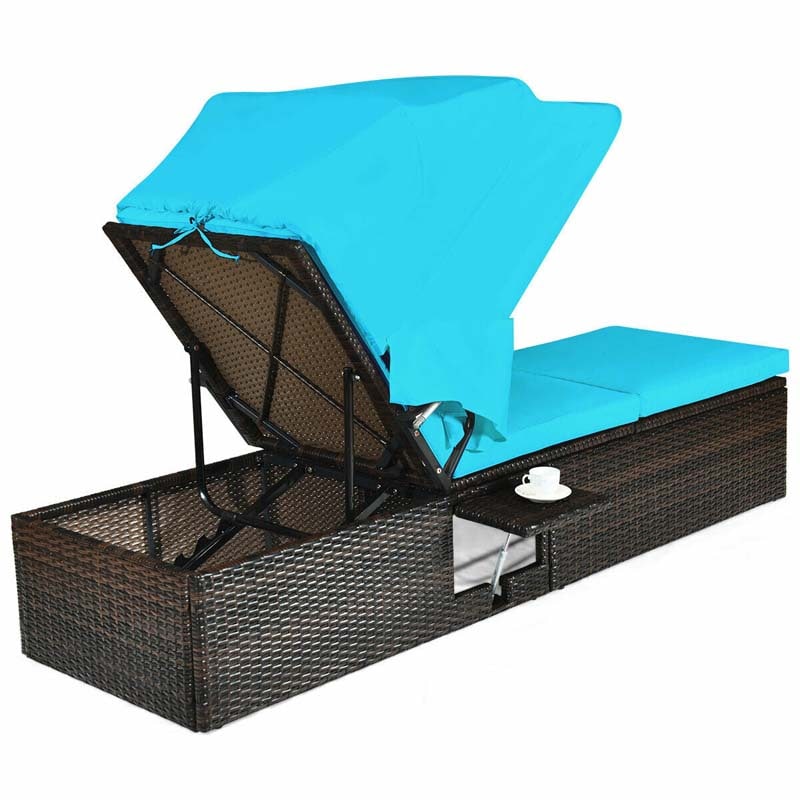 Cushioned Rattan Outdoor Chaise Lounge Chair With Folding Canopy, Flip-Up Tea Table And 5 Positions