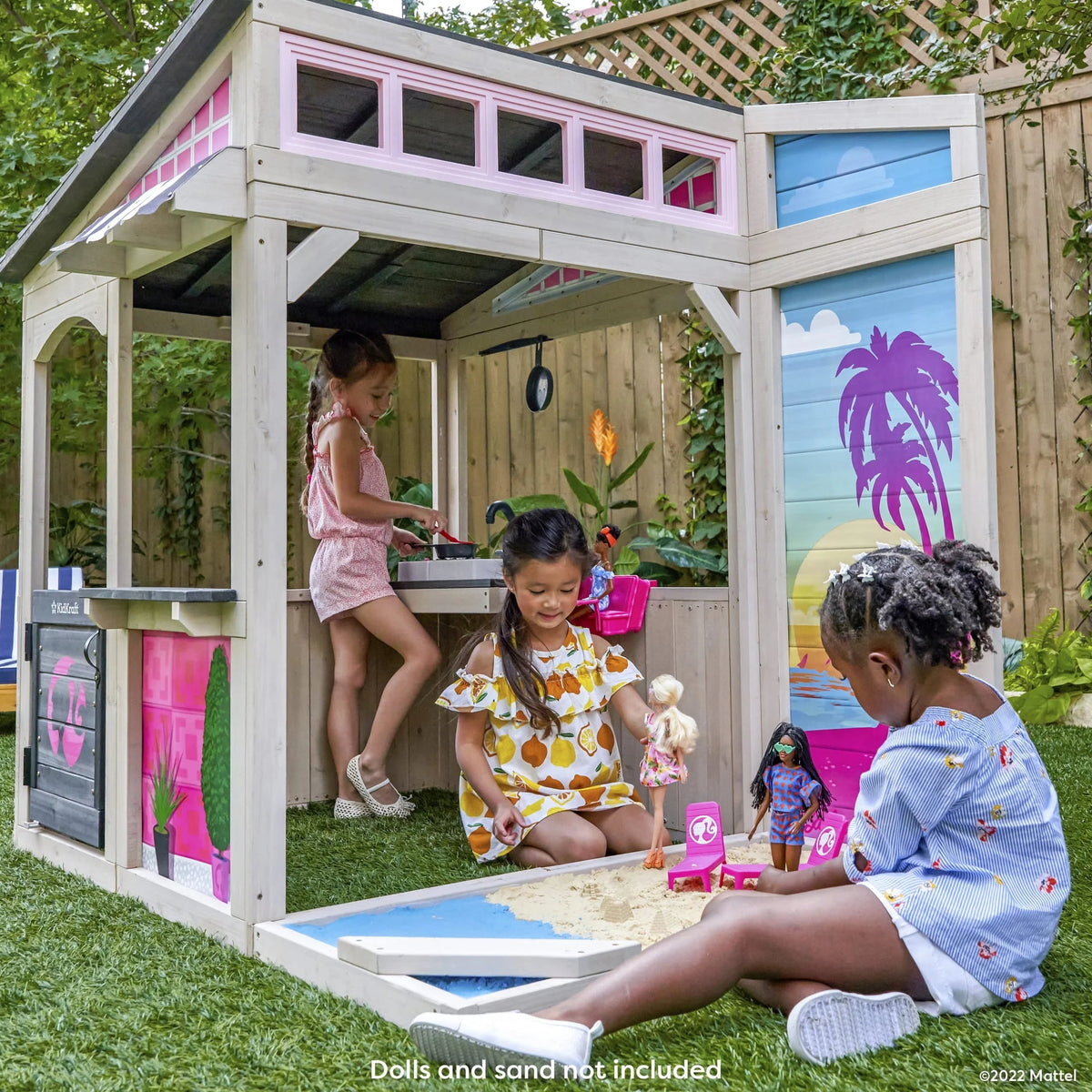 KidKraft Barbie Seaside Wooden Outdoor Playhouse With Attachable Doll Table And Chairs