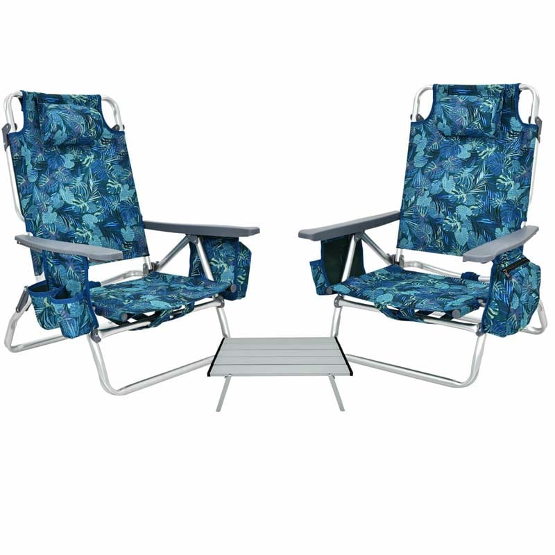 2-Pack 5-Position Outdoor Folding Backpack Beach Chairs With Side Table Set