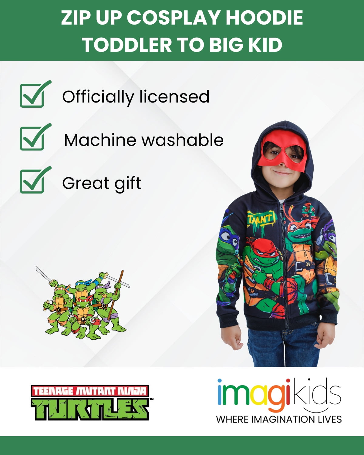 Teenage Mutant Ninja Turtles Toddler Boys' Cosplay Fleece Zip-Up Hoodie TMNT Black