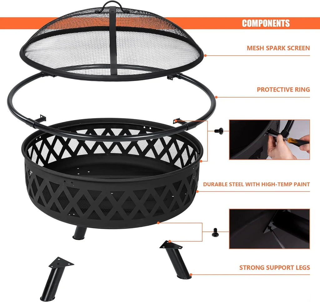 SUNCREAT 42-Inch Wood Burning Patio Fire Pit, Black, 42.1 Inch Diameter x 25.2 Inch High