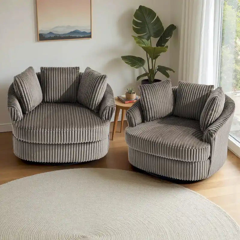 2-Piece Oversized 43 W Plush Corduroy Swivel Barrel Chairs With Pillows