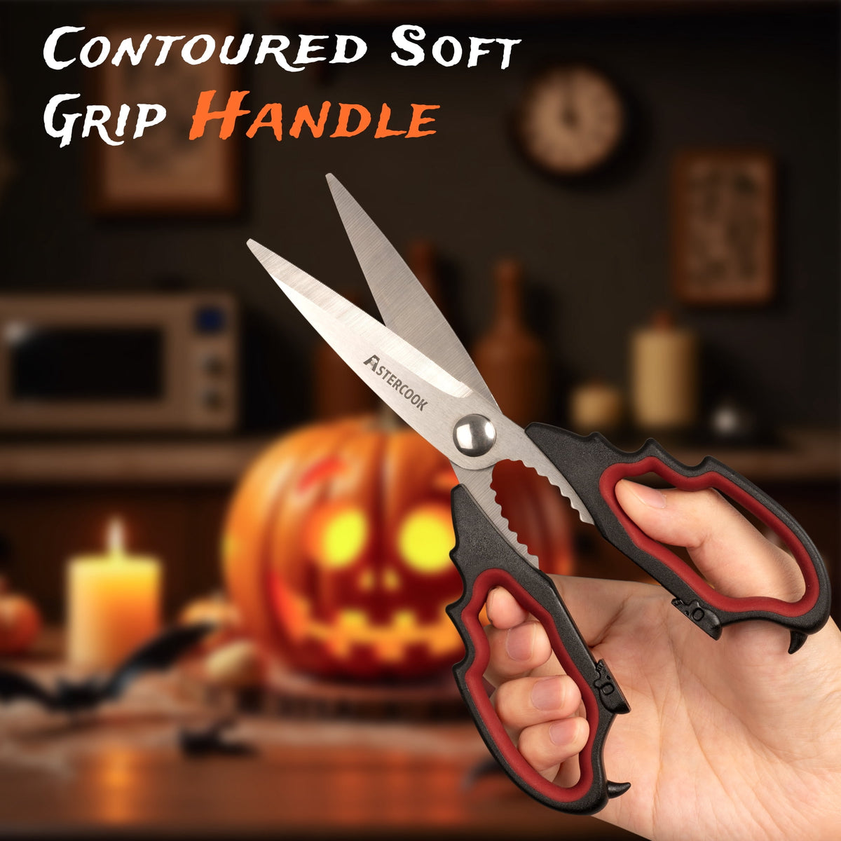 Astercook Halloween Kitchen Scissors, Gothic Skull Heavy Duty Shears for Cooking, Poultry, Herbs – Spooky Pumpkin Design, Dishwasher Safe