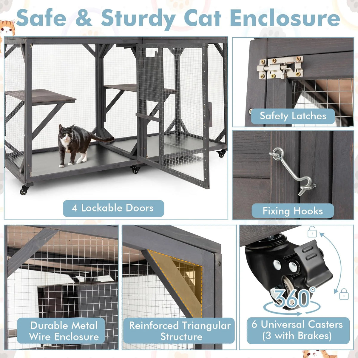 Outdoor Cat Enclosure, Grey, 63 x 27.5 x 72 in