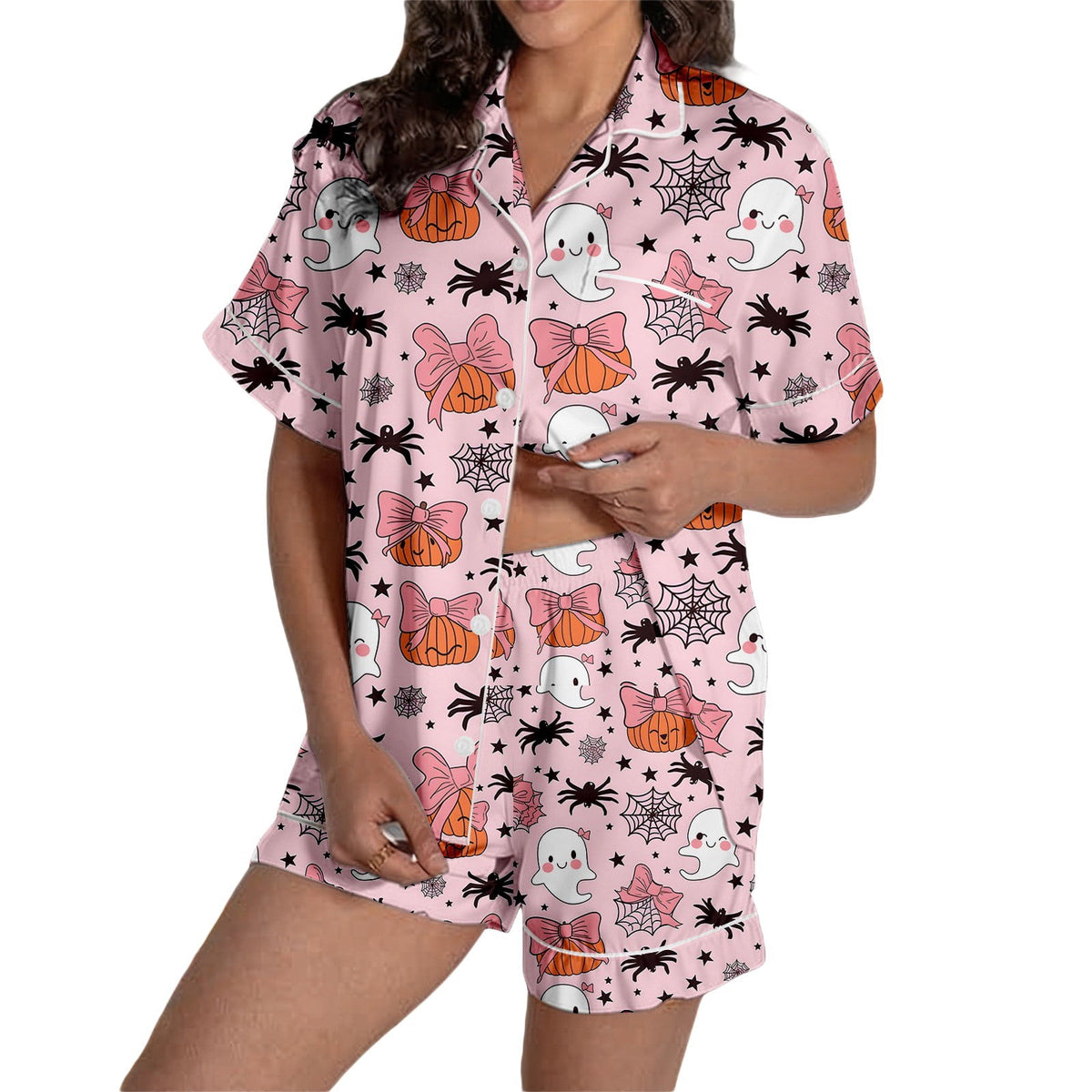 MEZZALL Women Halloween Printed Pajama With Lapel Collar Short Sleeve Tops And Shorts For Home Wear Cozy For Lightweight And Breathable Comfort Relaxed Fit 2 Piece Pjs