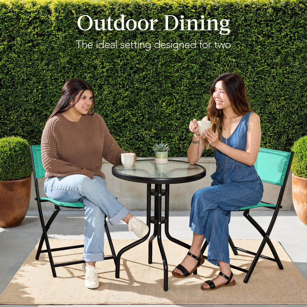 Best Choice Products 3-Piece Patio Bistro Dining Set With Glass Tabletop And Folding Chairs - Gray