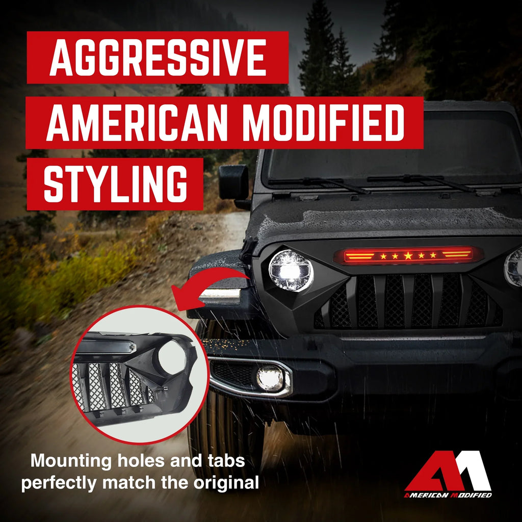 AMERICAN MODIFIED Demon Grille With Red Lights For 18-21 Wrangler/Gladiator
