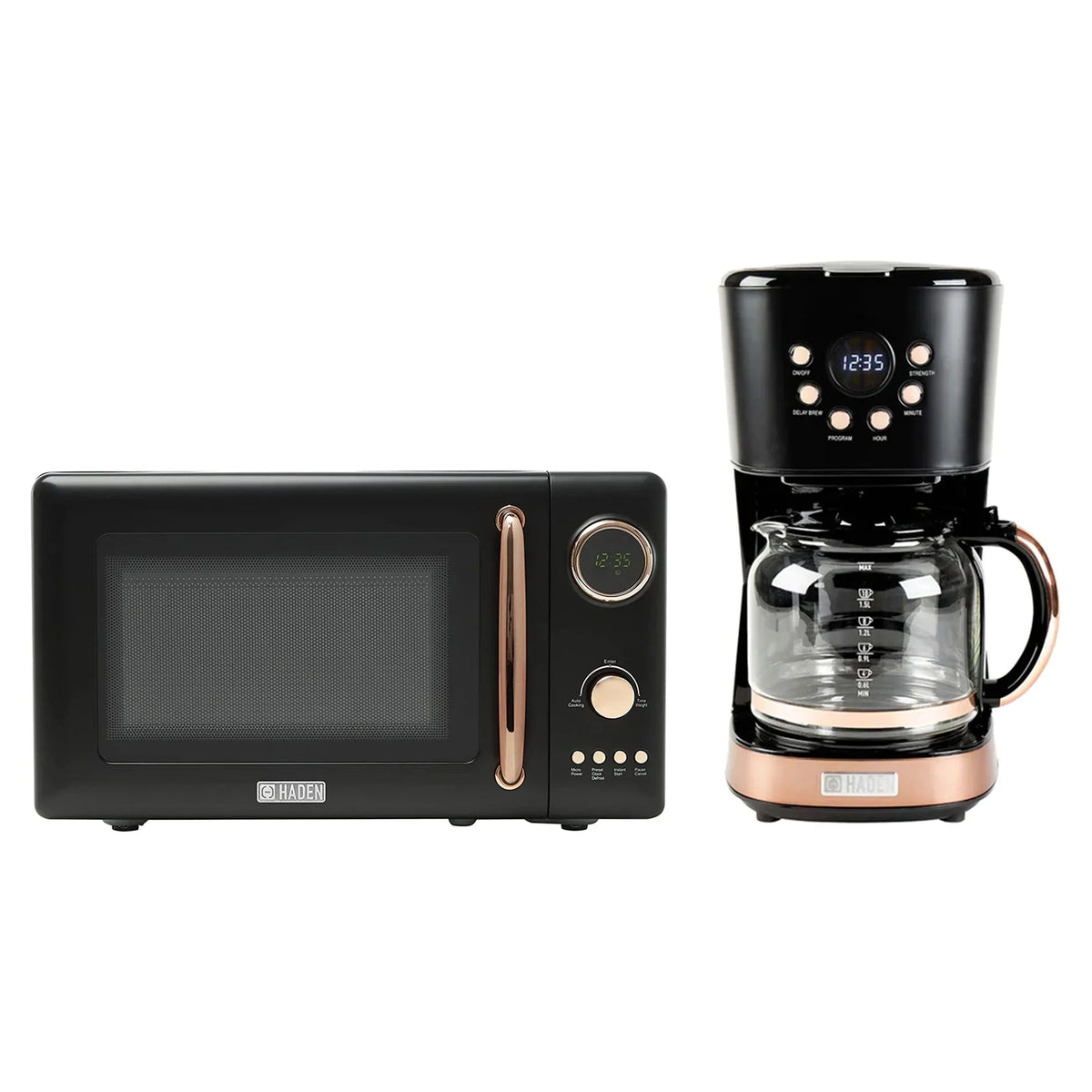 Haden 700W 20L Microwave Oven And 12 Cup Coffee Maker Set, Black/Copper