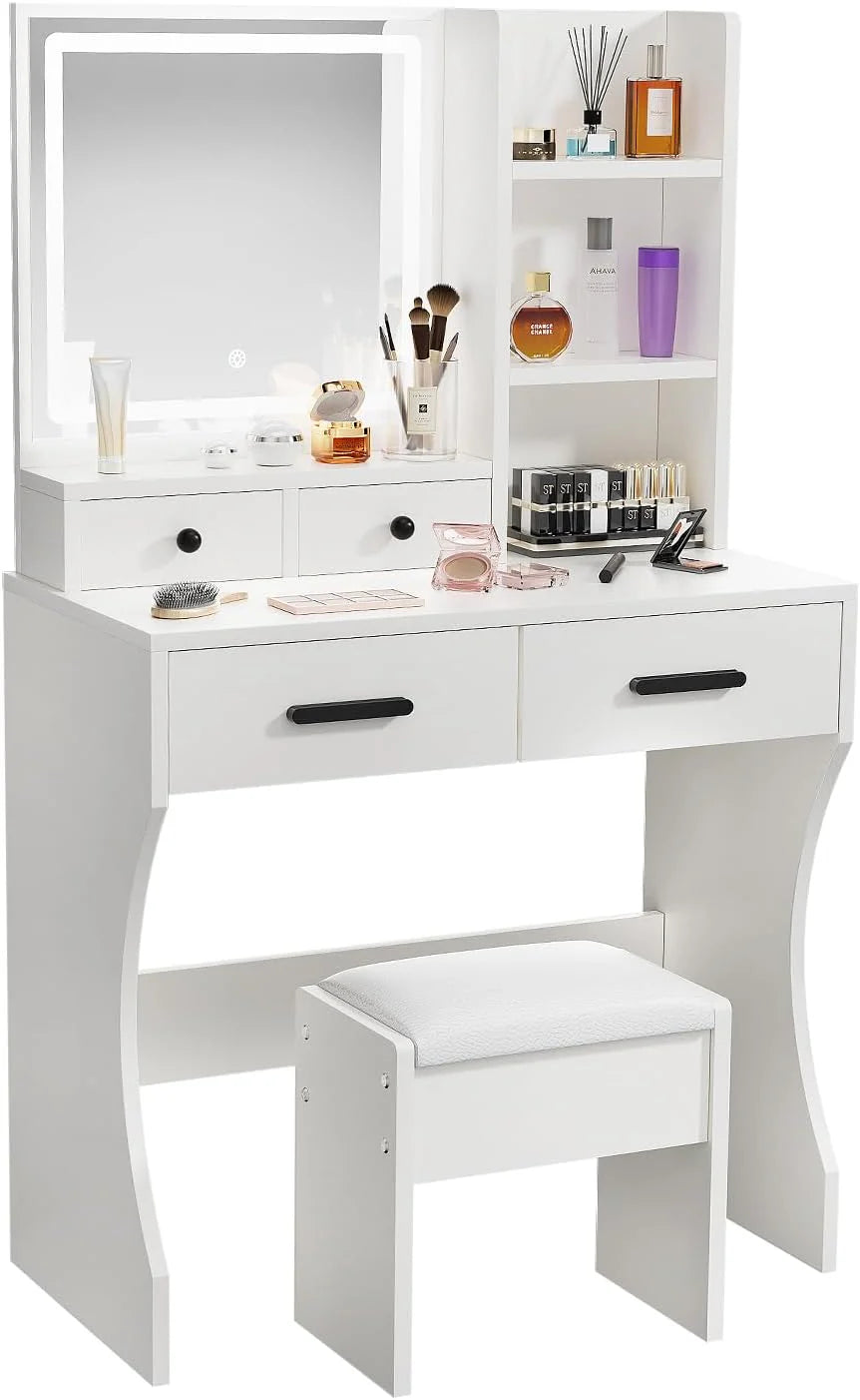 Makeup Table With Mirror, Lights And Stool, 80x40x135cm, White - D089