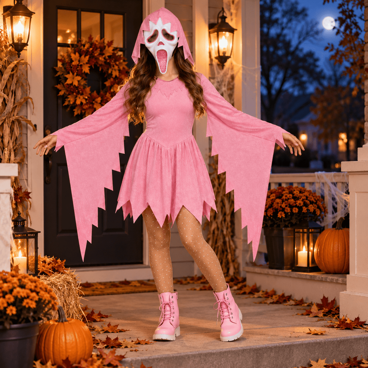 Satmonnus Pink Glitter Ghost Halloween Costume for G'irls, Hooded Ghost Costume Dress with Mask, Spooky Horror Halloween Party Cosplay Outfit for Masquerade and Themed Events