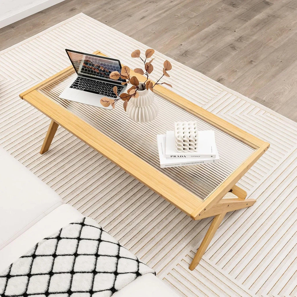 Bamboo 2-Tier Rectangular Coffee Table With Glass Tabletop And Rattan Storage Shelf - Natural